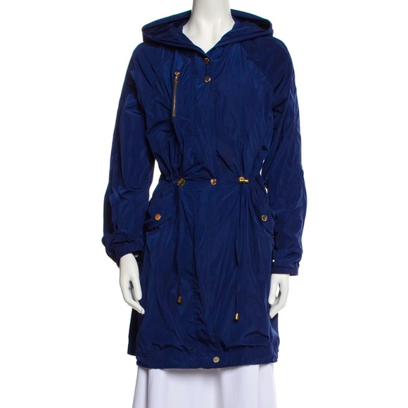 Trina Turk Trench Coat With Hood Size M Navy Utility Fall Rain Repellent Work - Picture 1 of 9